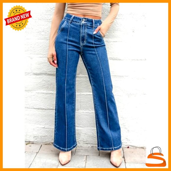 High Waisted Wide Leg Stretch Denim Jeans Casual Baggy Fit Pants - Picture 4 of 7